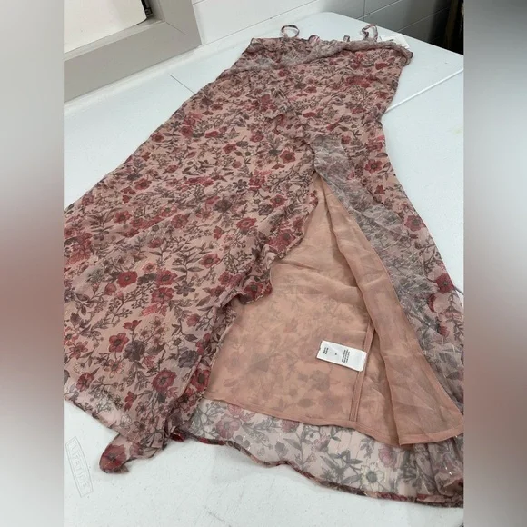 NWT Lucky Brand Women's Ruffled Chiffon Lurex Floral Midi Slip Dress Rose - Picture 11 of 16